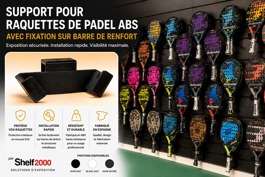 Infographie d’un support pour raquettes de padel en ABS avec fixation sur barre de renfort et protection intérieure en mousse EVA.